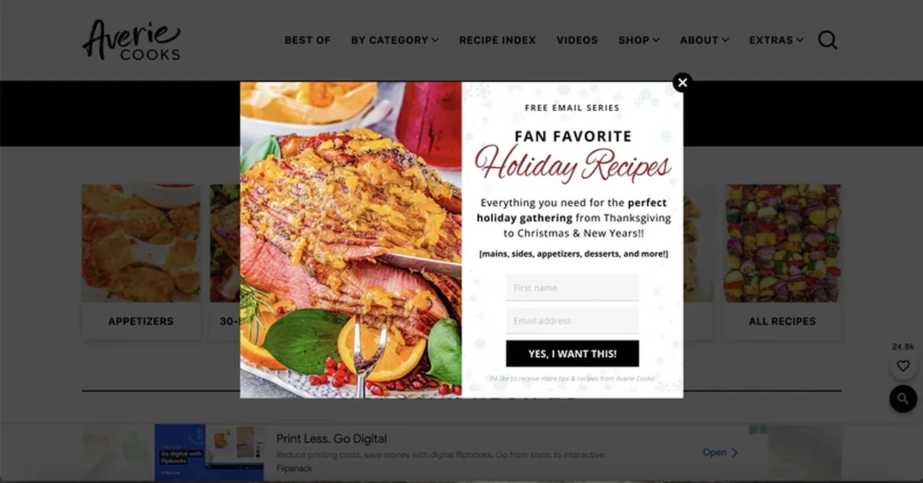 Averie Cooks holiday recipe newsletter popup with food photography, signup fields, and a benefit-led CTA