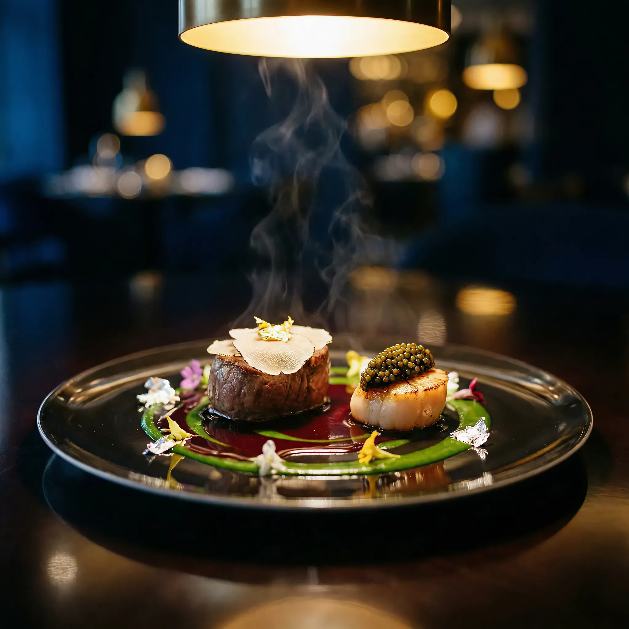 Elegant gourmet dish under a warm light, featuring a steaming steak with truffle slices and a scallop topped with caviar, garnished with flowers.