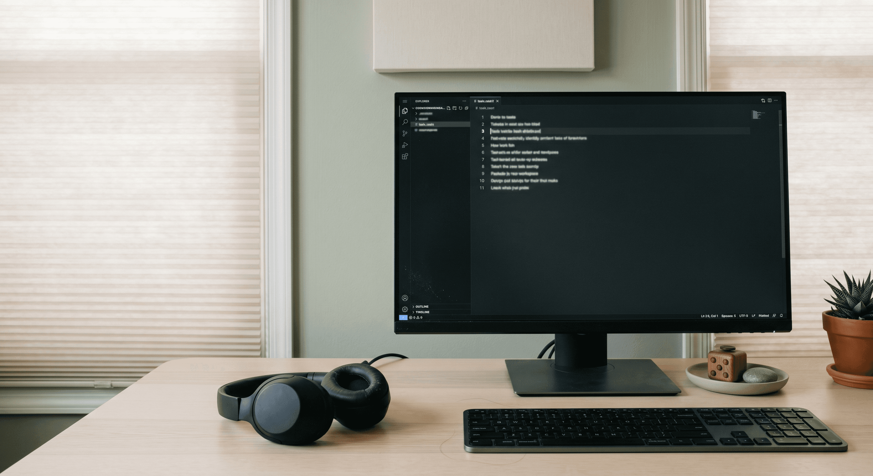 A calm, low-light home workspace with noise-canceling headphones, a fidget object, and a clean monitor displaying a written task list