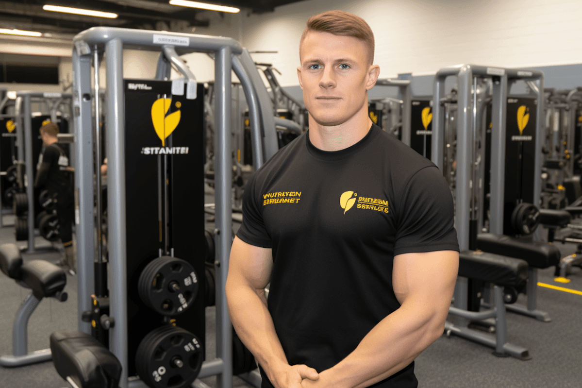 Muscular man in black t-shirt standing with clasped hands in well-equipped gym.