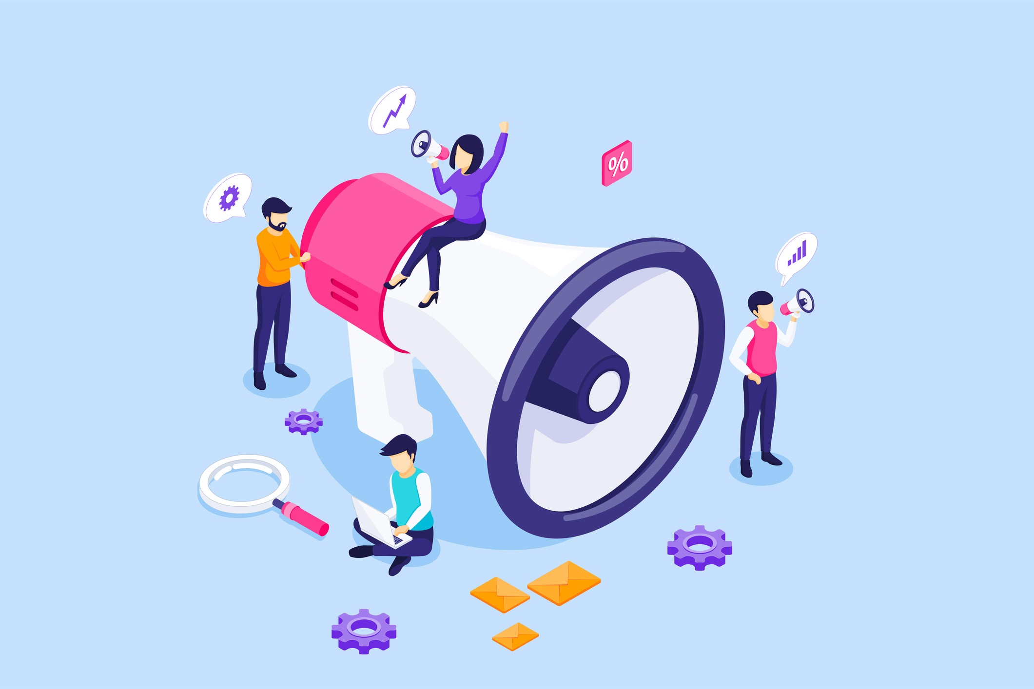 Marketing team around a giant megaphone with analytics, gears, and email icons representing campaign operations