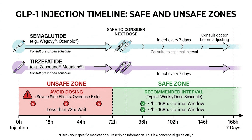 GLP-1 injection timing chart showing minimum hours between semaglutide and tirzepatide doses