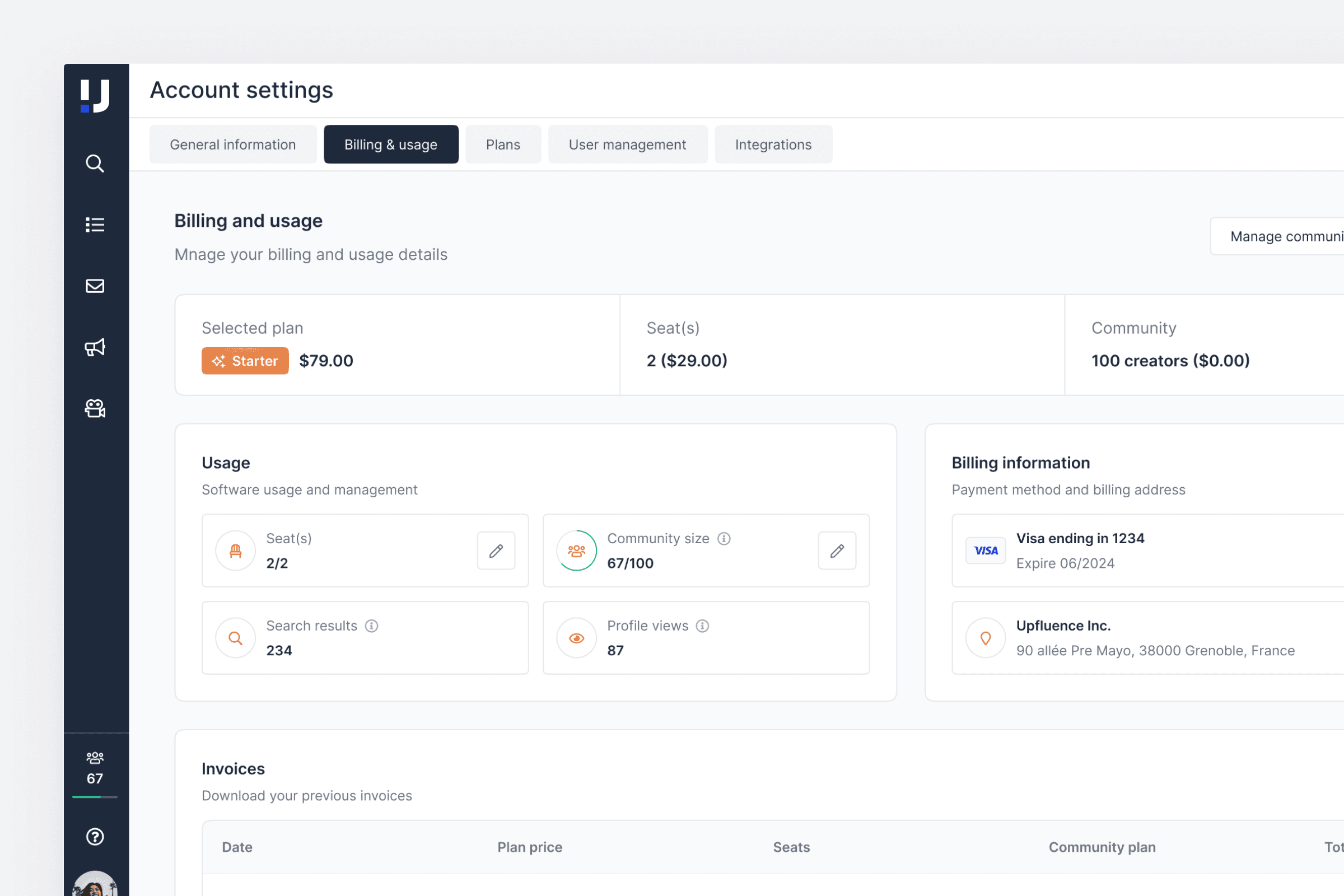 Upfluence billing page