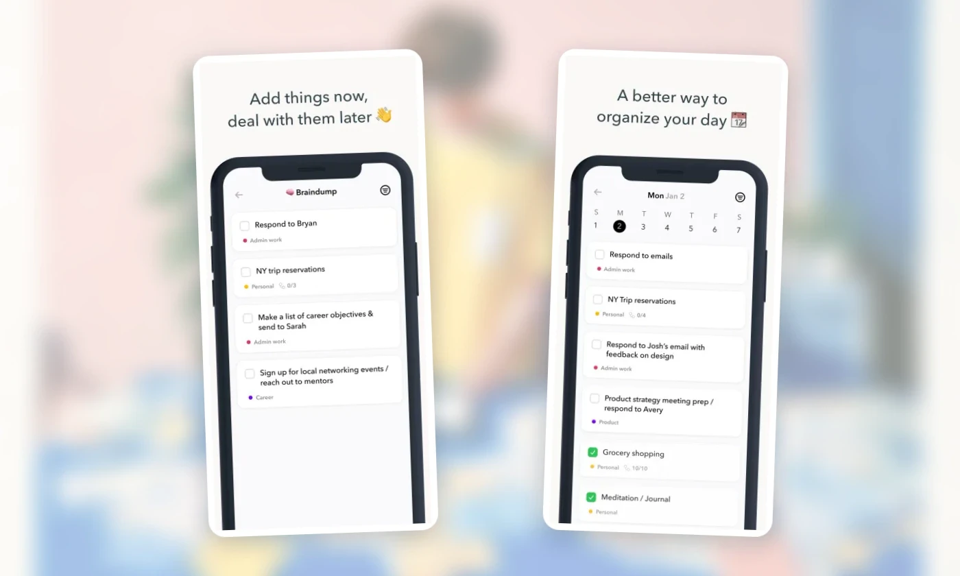 Official Ellie screens showing Brain Dump capture and a smaller daily plan.
