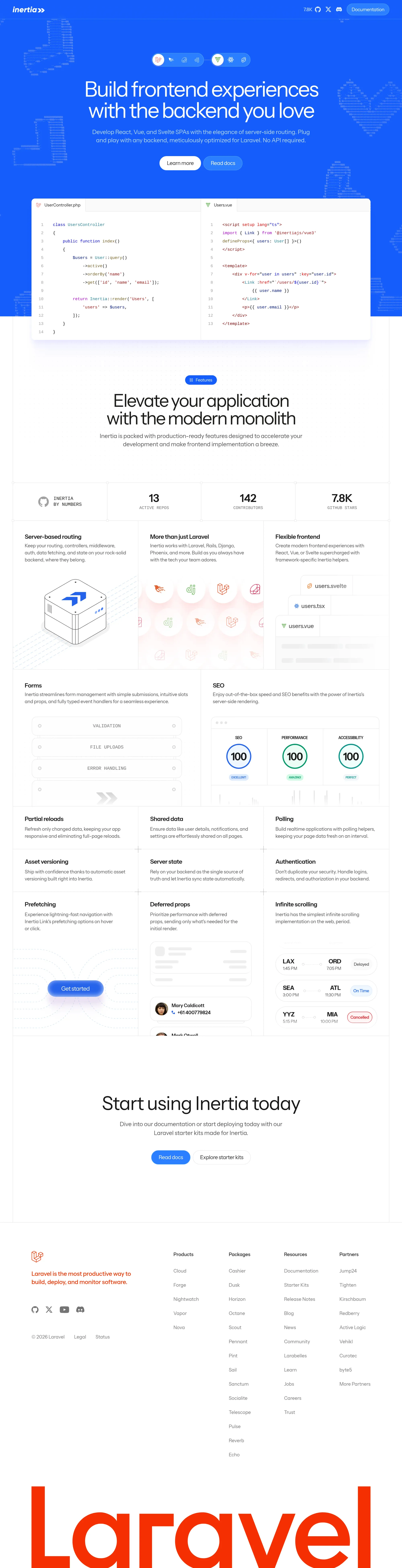 Inertia.js - The Modern Monolith landing page screenshot showcasing Tech design