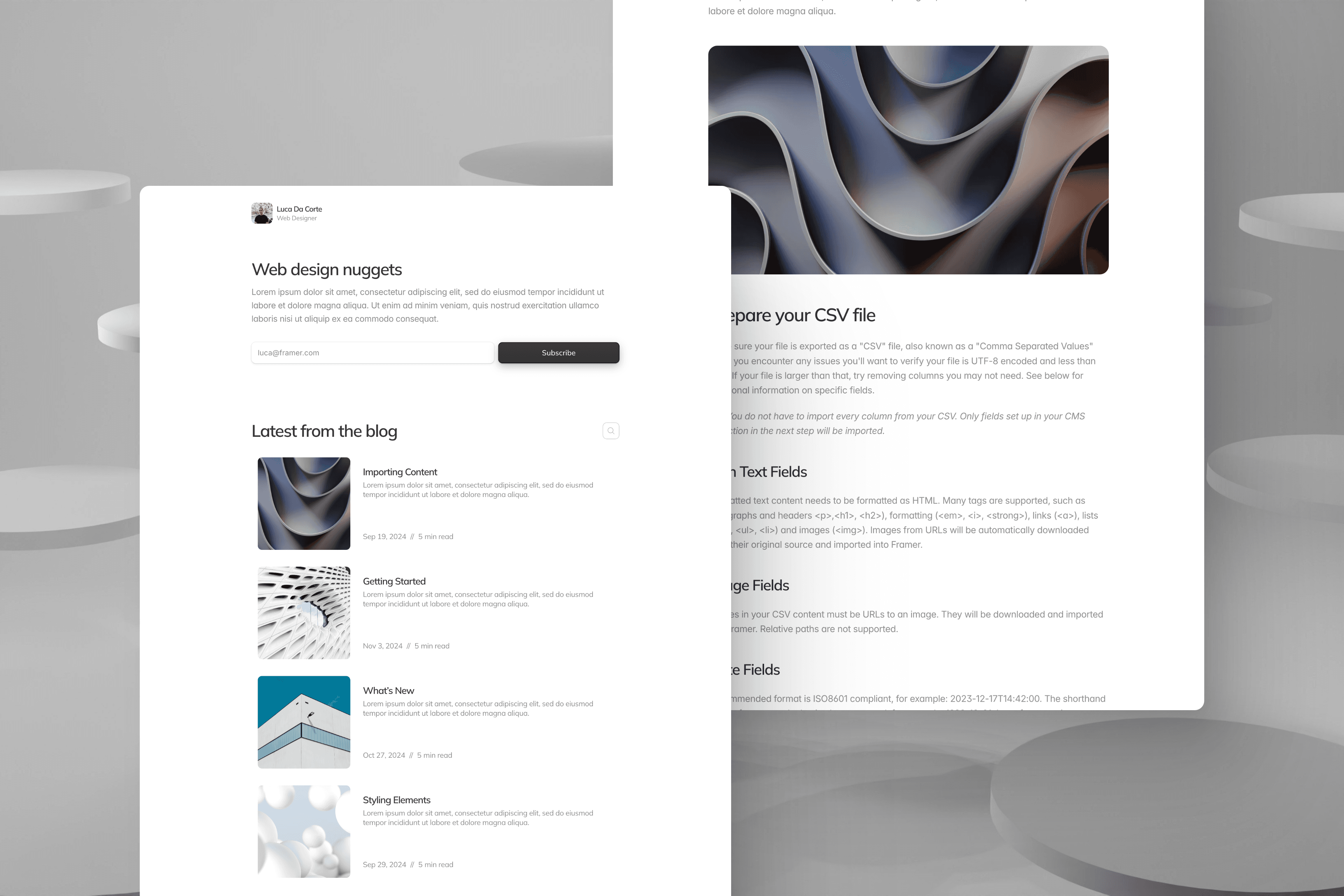 Homepage dark-themed design for a free blog template in Framer