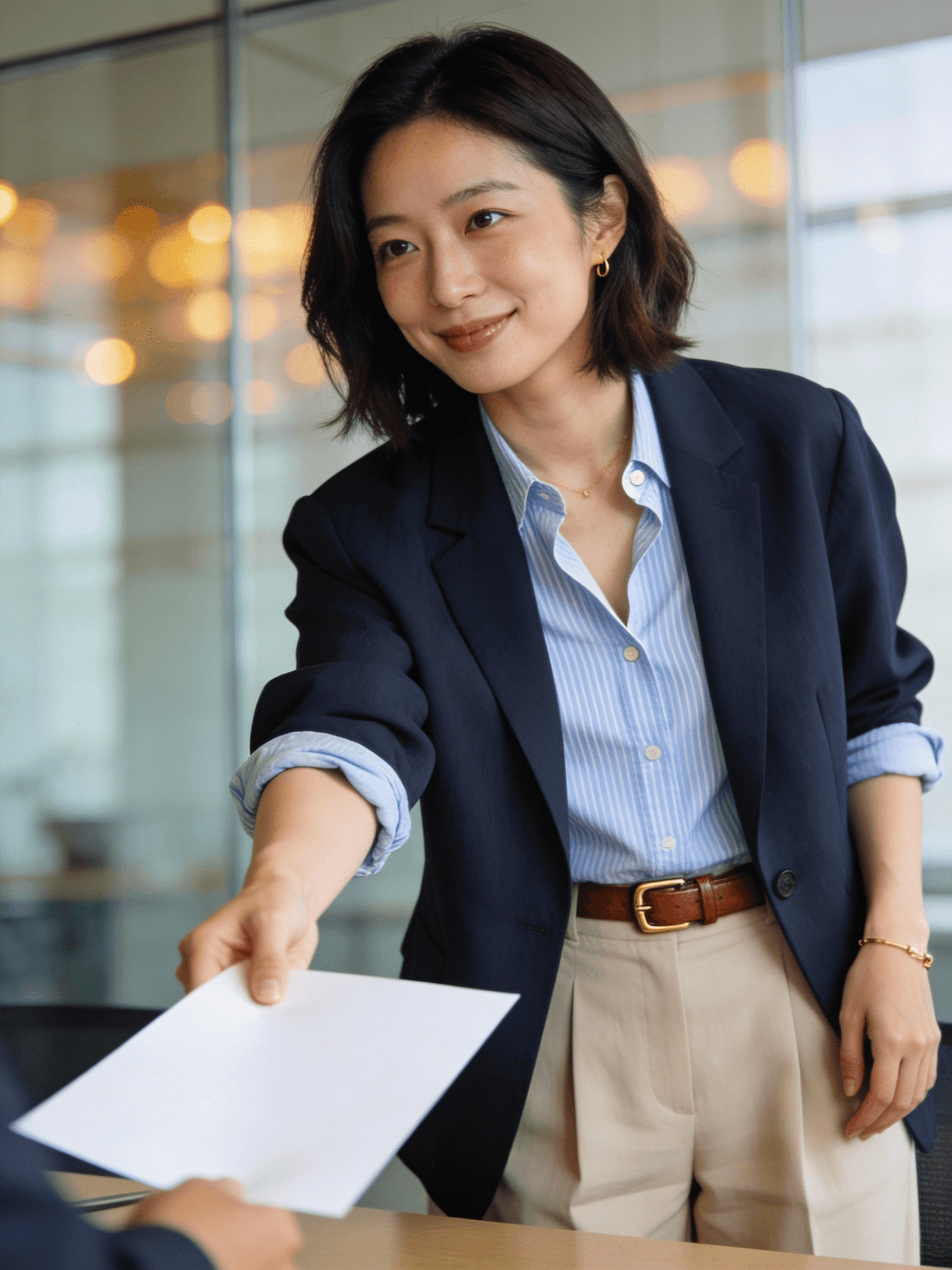 Woman handing over a document in a modern office.