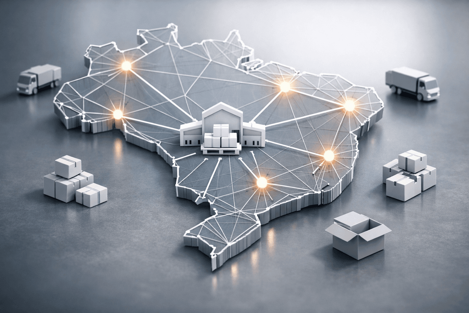Rede logística nacional com mapa abstrato do Brasil em 3D, pontos de distribuição conectados por linhas retas, hub central representando a distribuidora e ícones de caixas e caminhões, simbolizando integração de fornecedores, alcance nacional e inteligência logística no B2B.