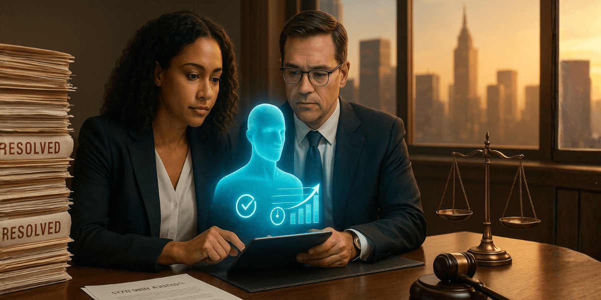 Two professionals reviewing a tablet with a digital representation of data, symbolizing efficient workflows in law firms.
