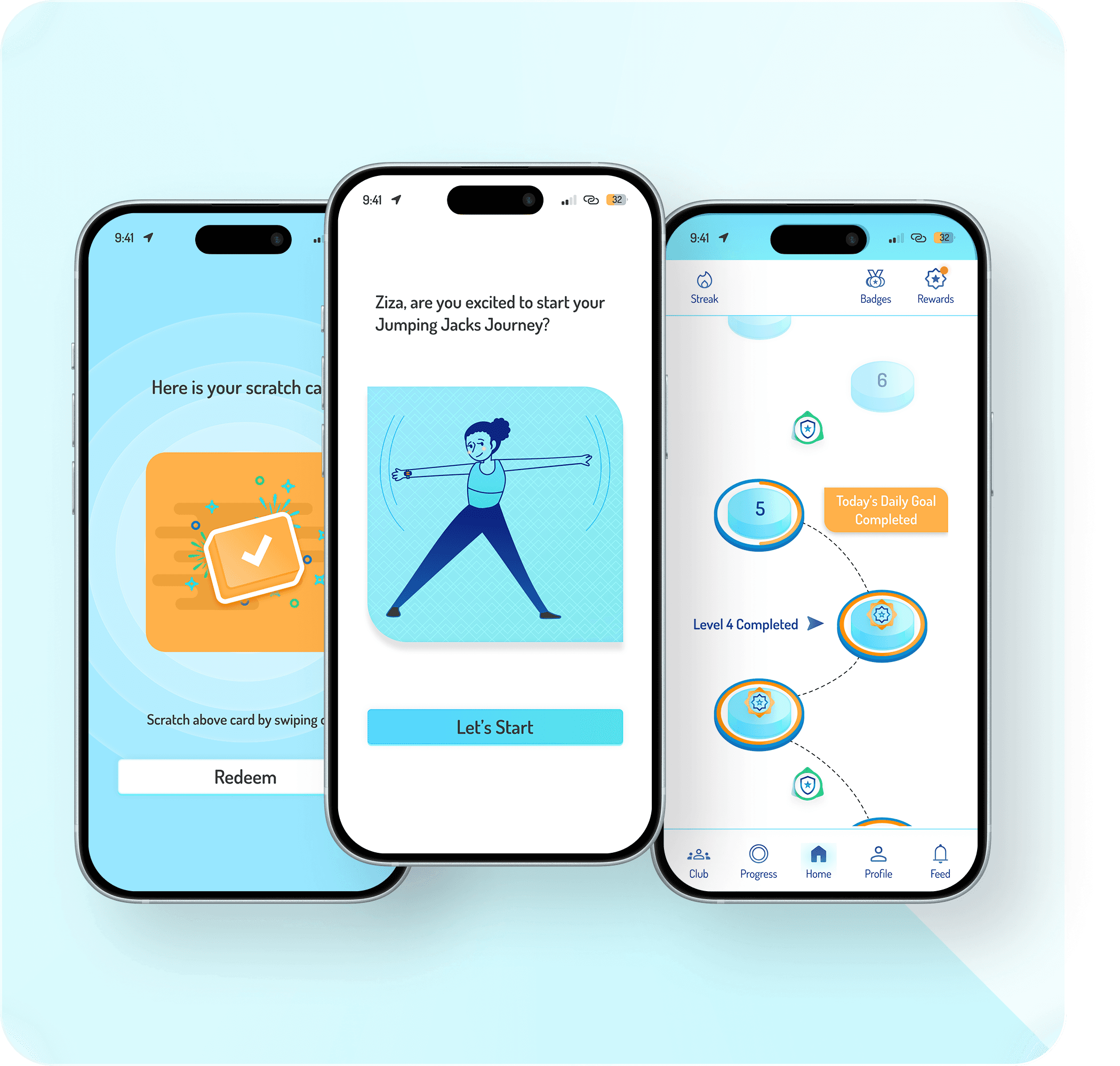 A gamified fitness app interface showcasing daily goal tracking, reward scratch cards, and engaging exercise prompts.
