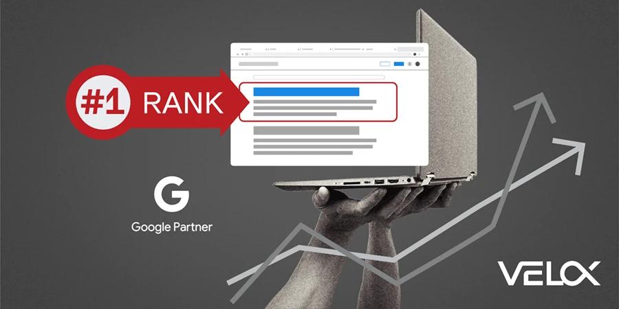 A graphic showcasing a laptop with growth lines heading up, #1 rank, and a Google Partner icon.