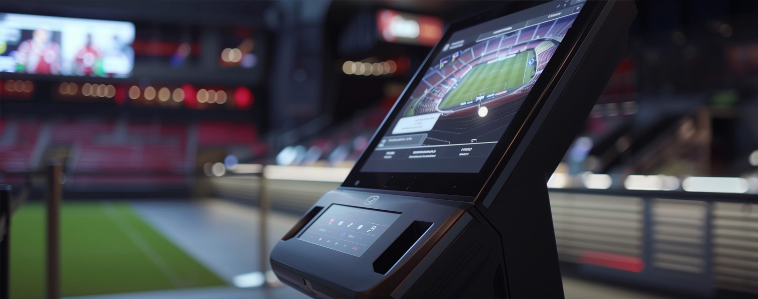 An agentic AI kiosk displays an advanced point of sale solution in a stadium for the sports and tourism industry.