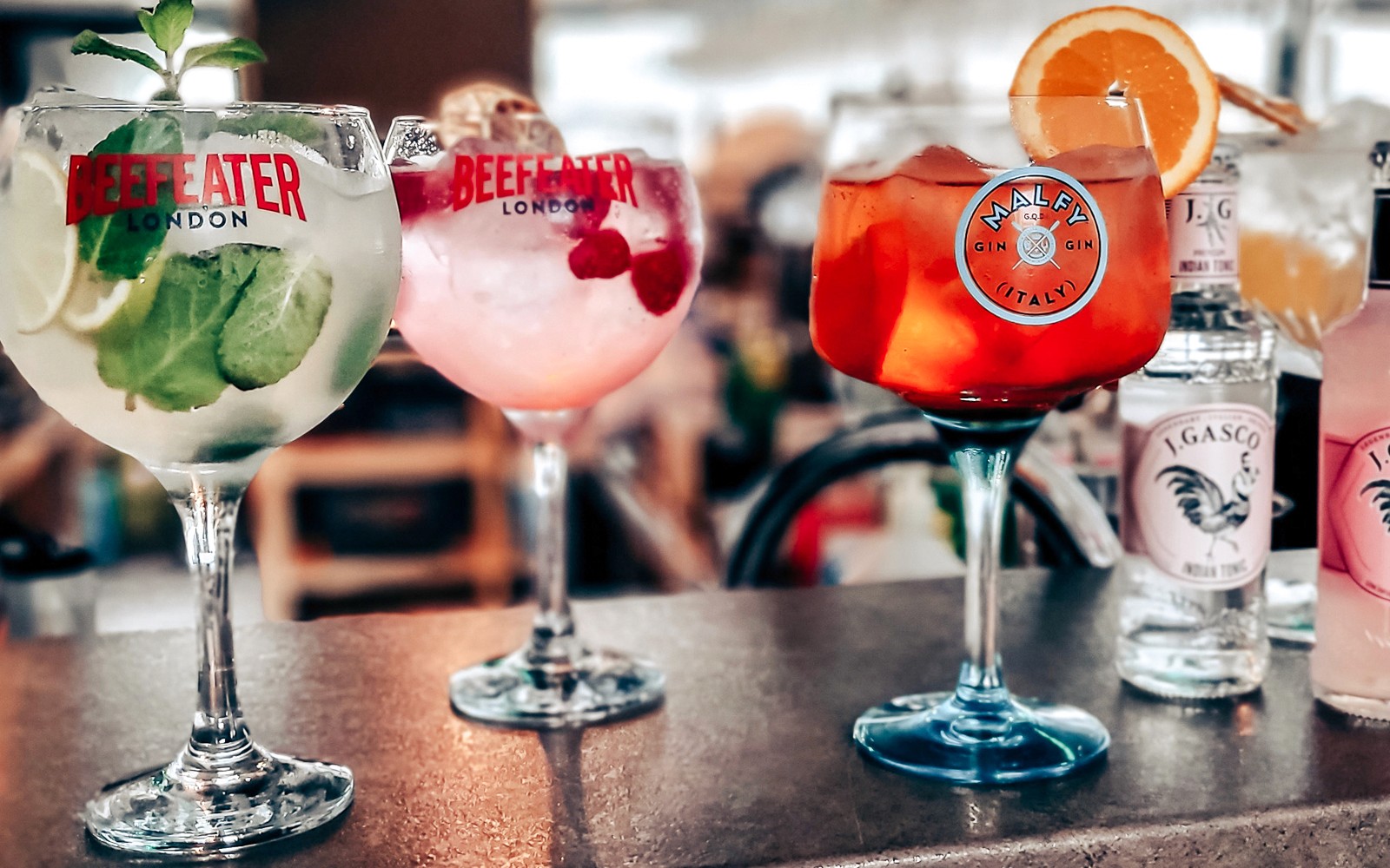 Cocktails on a bar counter during Budapest sunset cruise on the Danube.