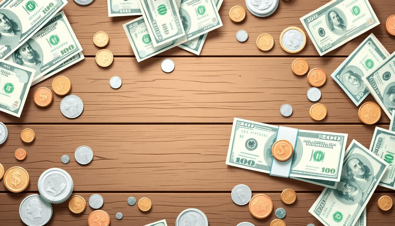 An illustration representing windfall money, showing cash and coins with a blurred background.