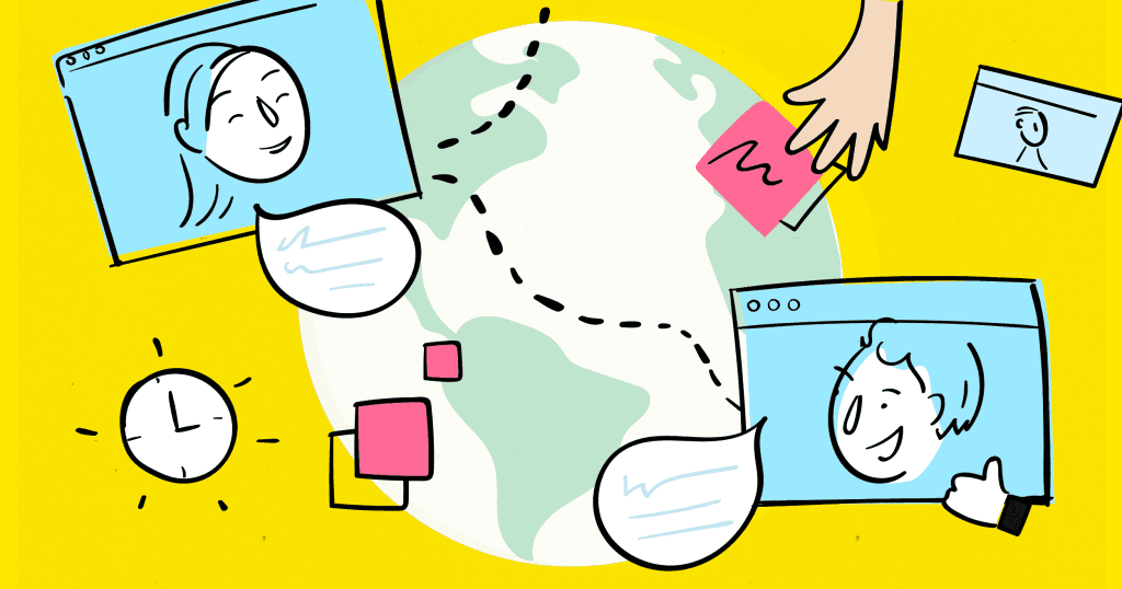 Wide illustration of global remote collaboration with video chat windows, sticky notes, and a clock around a globe