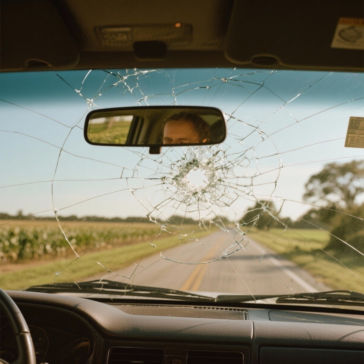 Cracked windshield on a car driving near farmland in Plant City, Florida