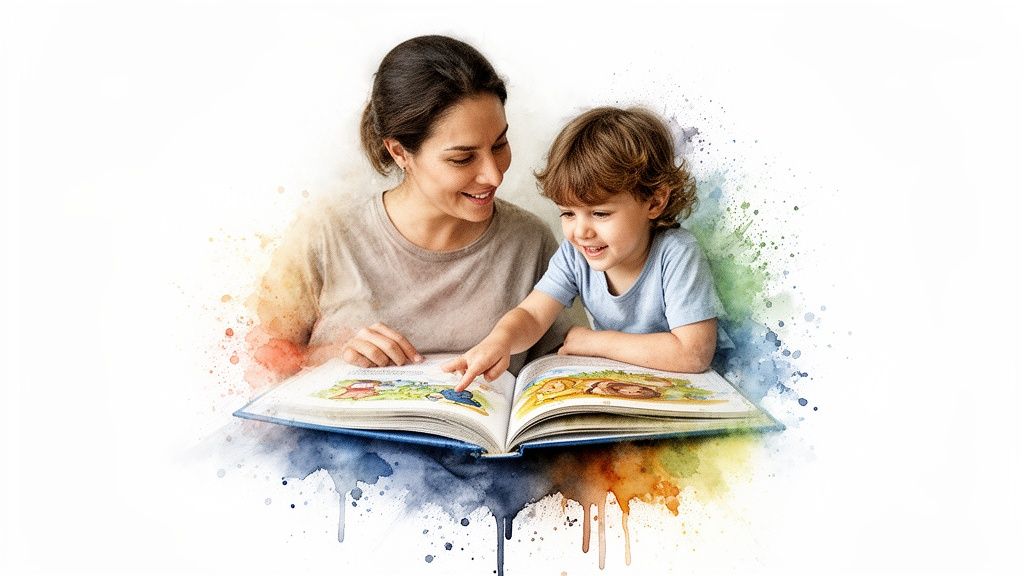 A happy mother and child smiling while reading a colorful storybook together.
