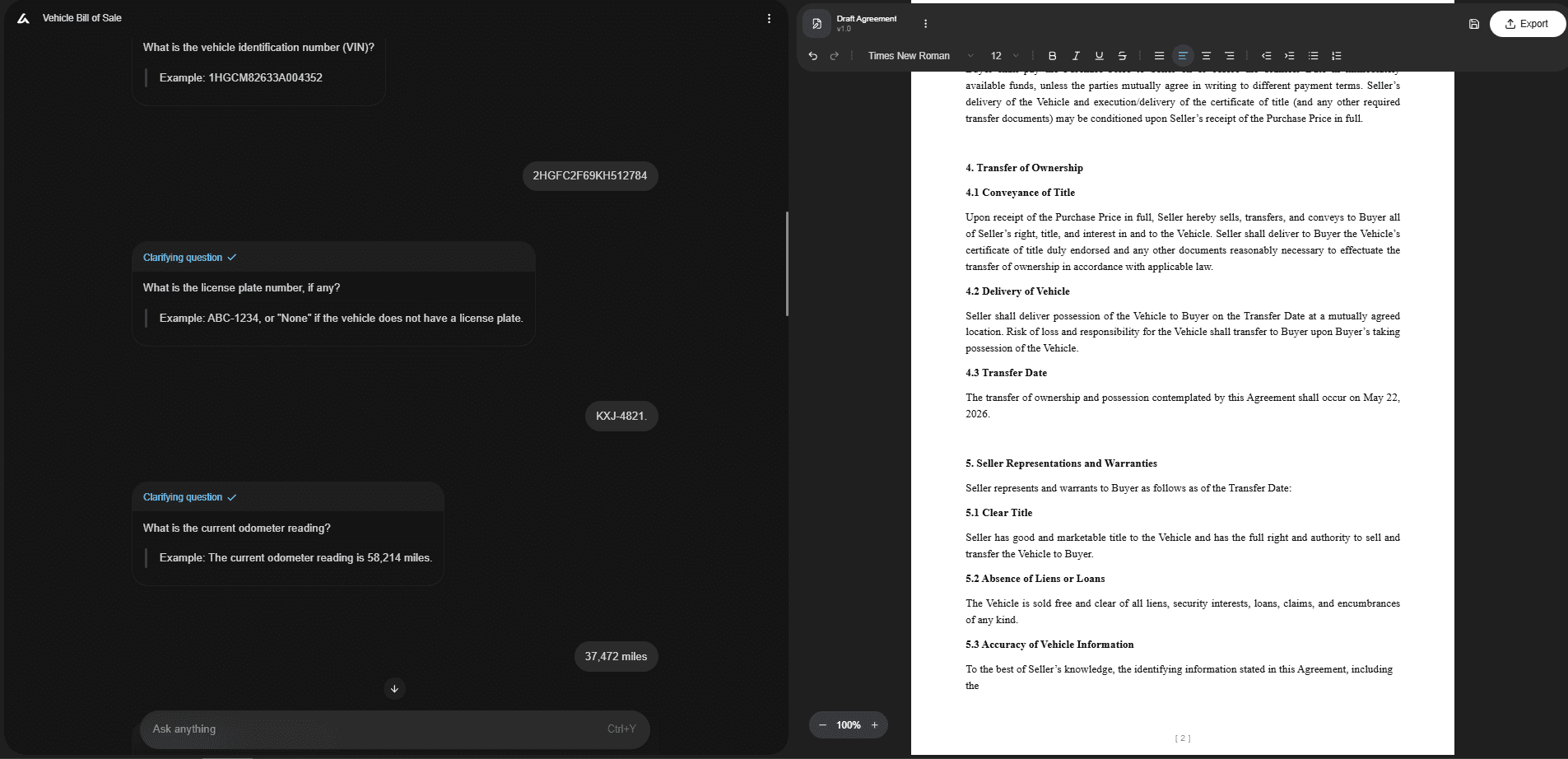Split-screen interface showing an AI tool collecting vehicle details for a bill of sale, including VIN, license plate number, and odometer reading, while generating the draft agreement on the right.