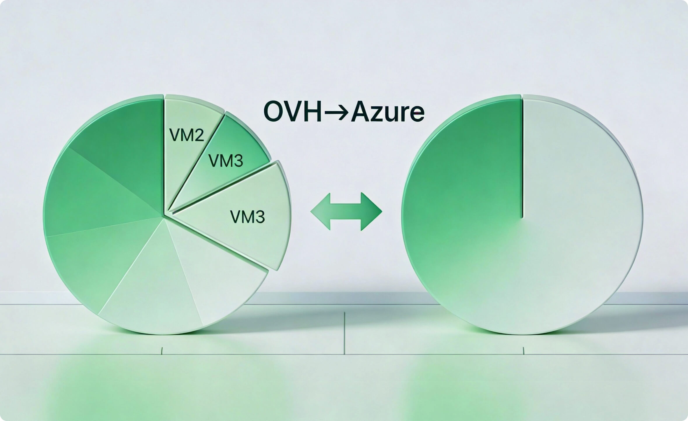 Pie chart comparison showing virtual machine consolidation during OVH to Azure transition.