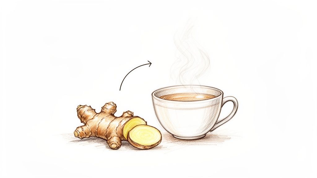 Illustration of fresh ginger root, some sliced, next to a steaming cup of ginger tea, implying its use.