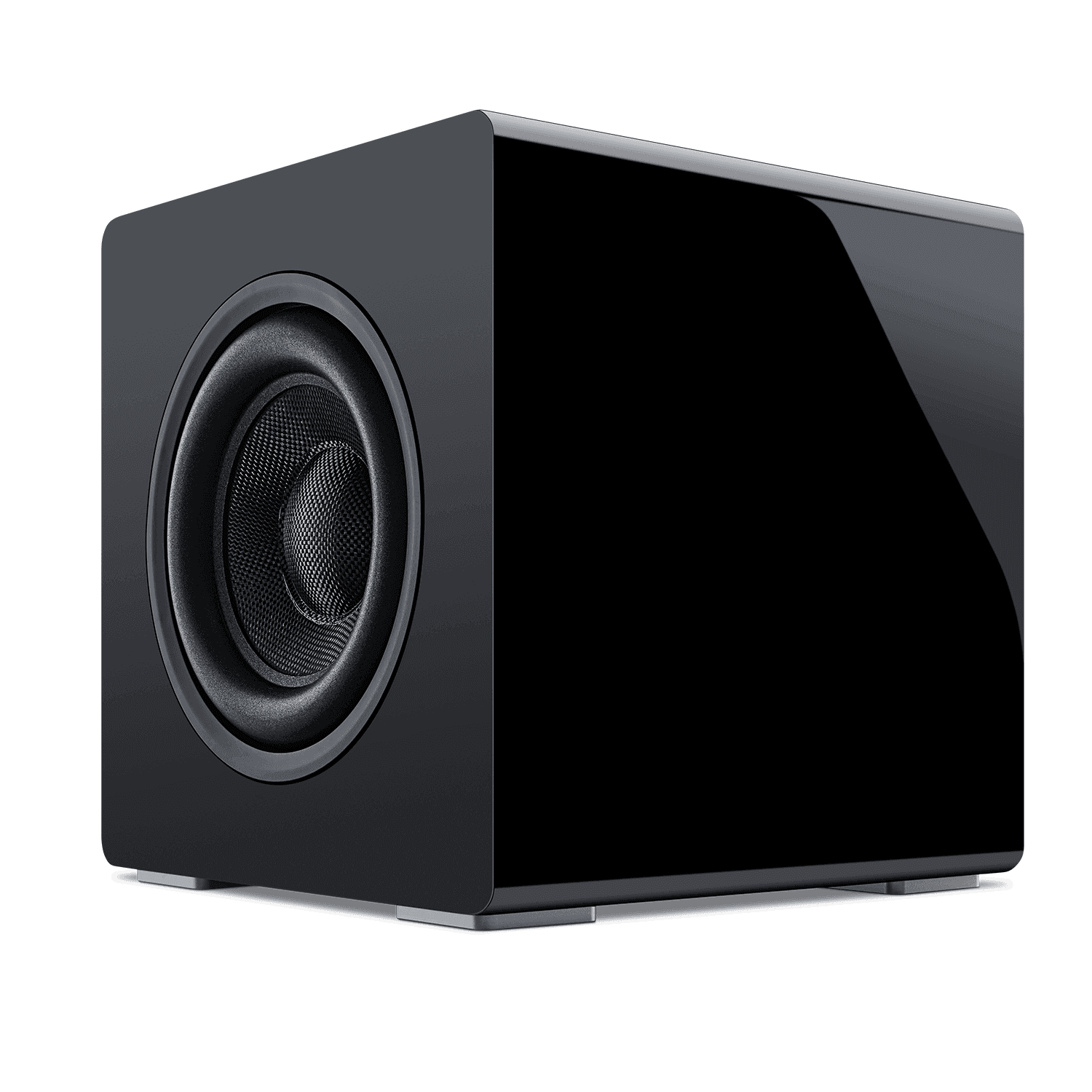 Black subwoofer with visible speaker cone