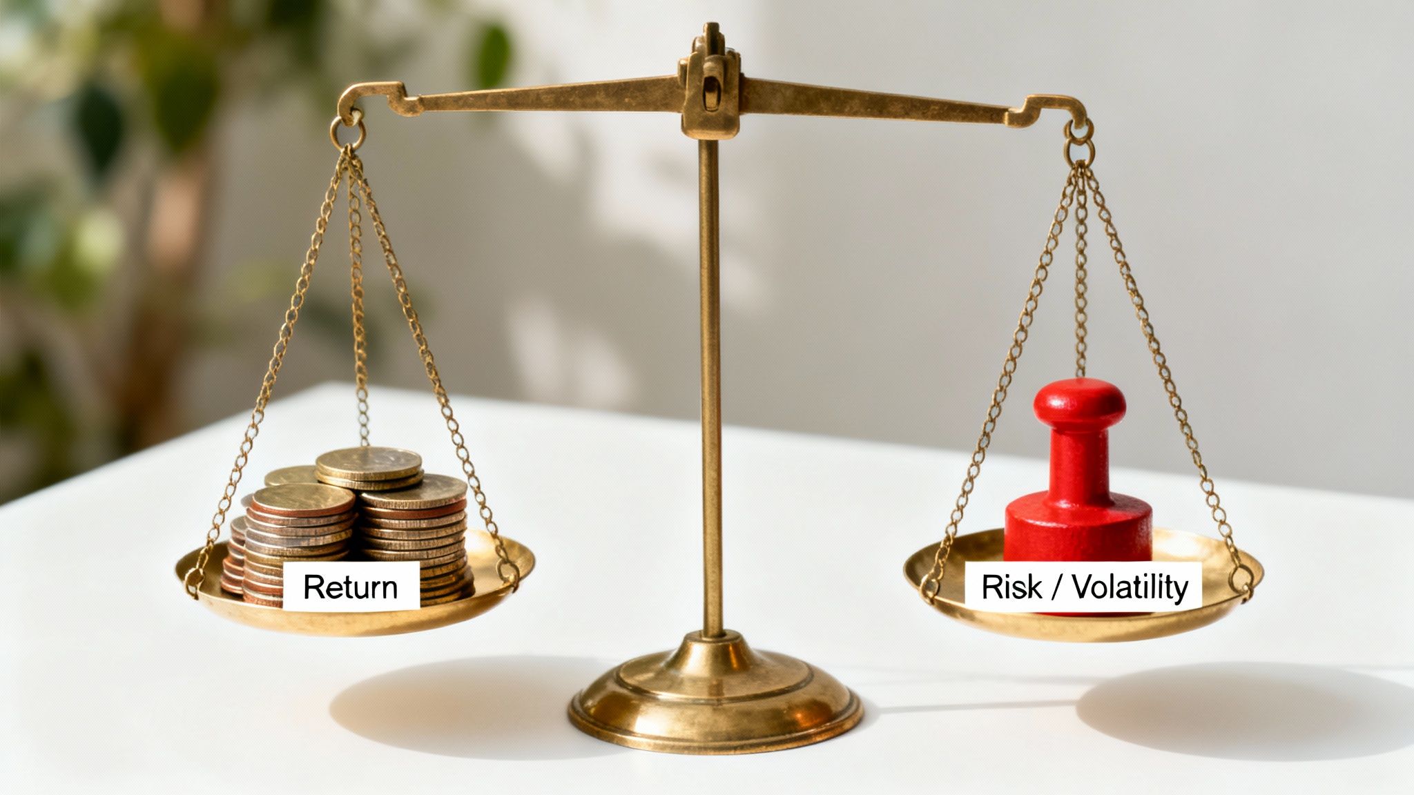 A balanced brass scale with coins labeled 'Return' on one side and a red weight labeled 'Risk / Volatility' on the other.