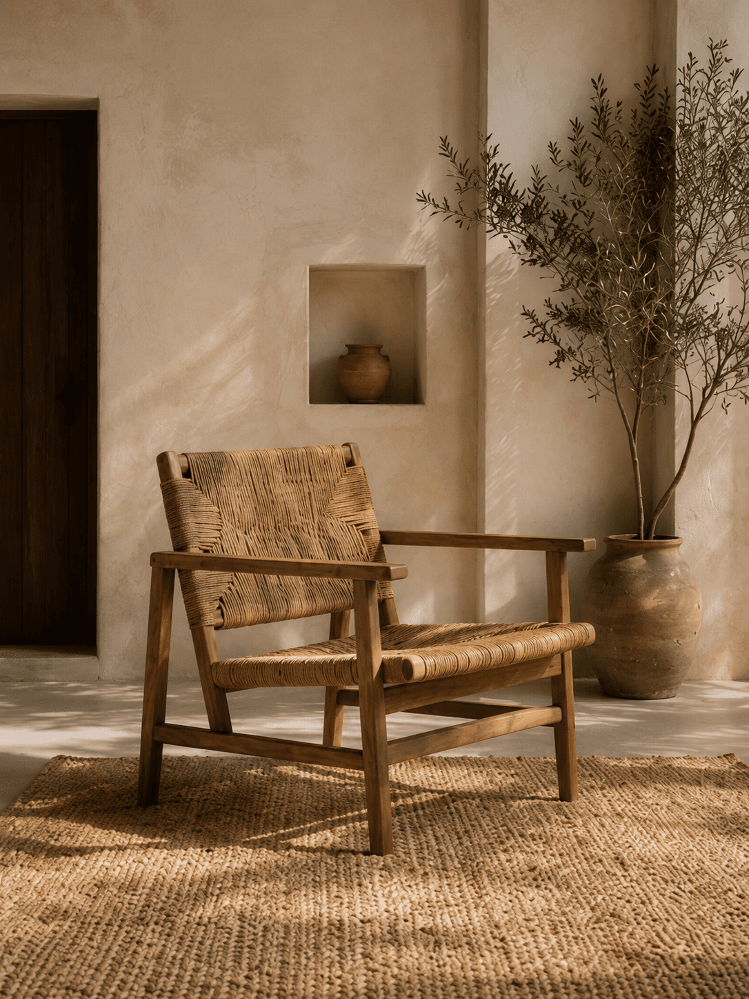 Sunlit rustic corner with olive tree