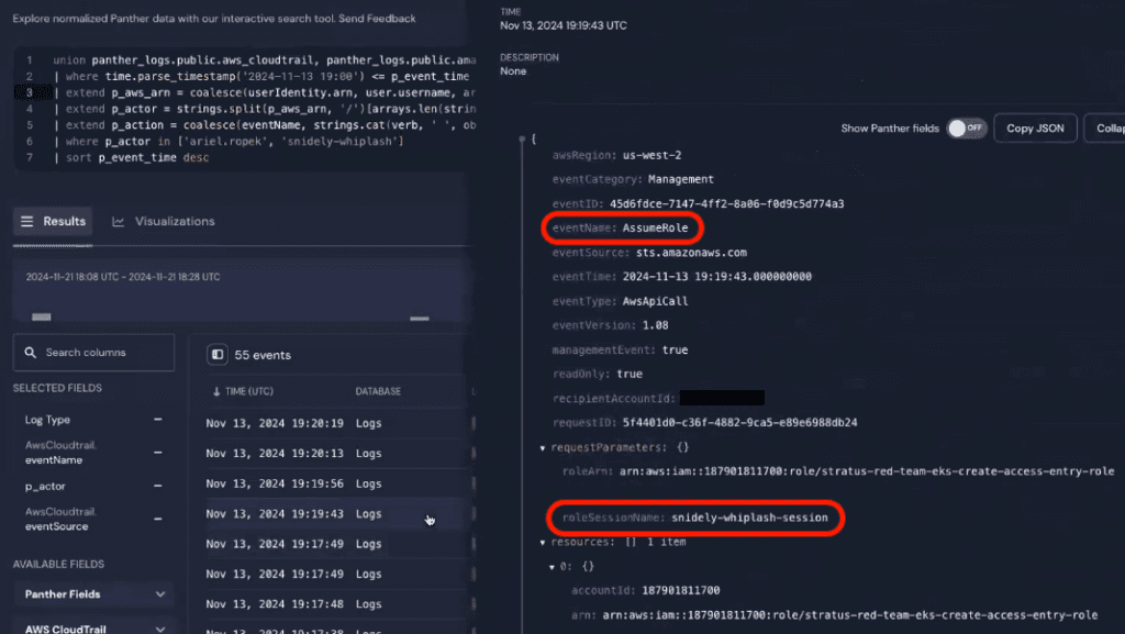 The AssumeRole CloudTrail event shows that Snidley Whiplash is working within EKS using the roleSessionName of “snidely-whiplash-session.”