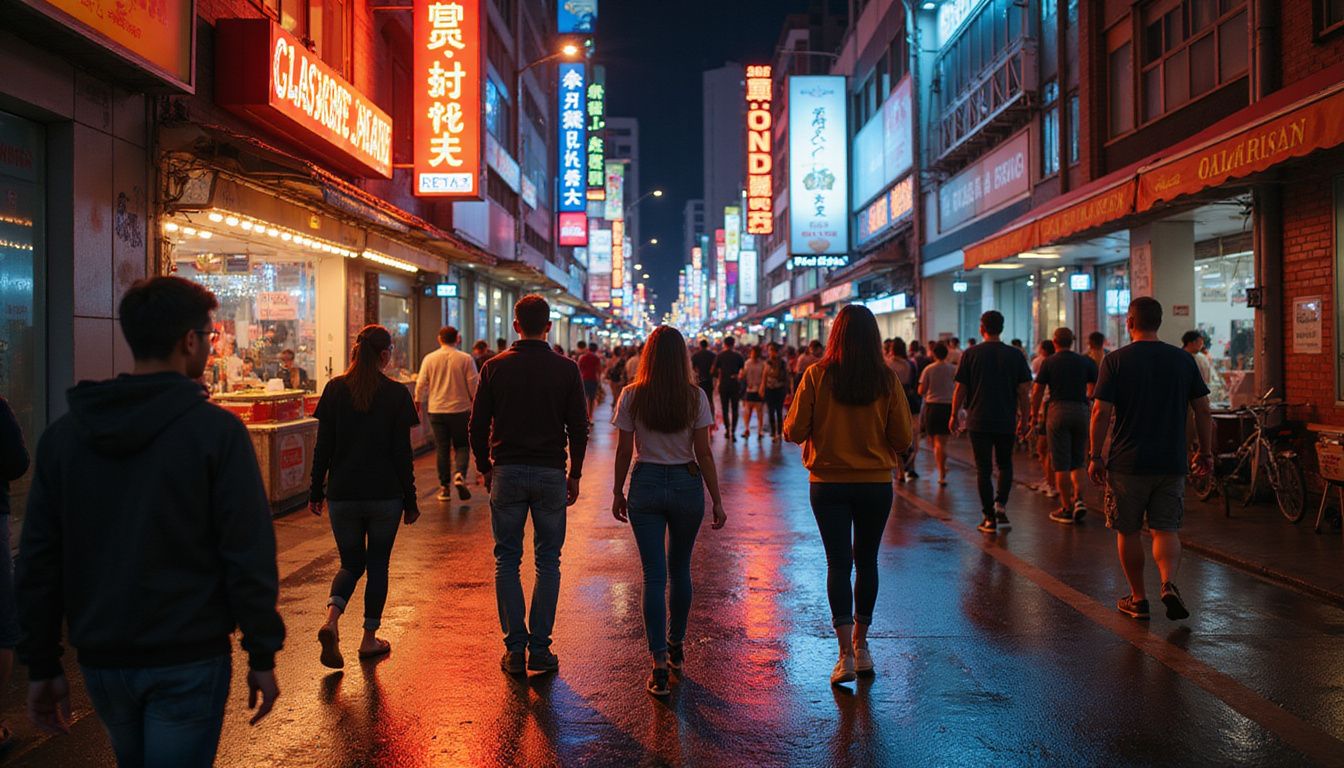 Bustling Bukit Bintang streets alive with vibrant neon and people.