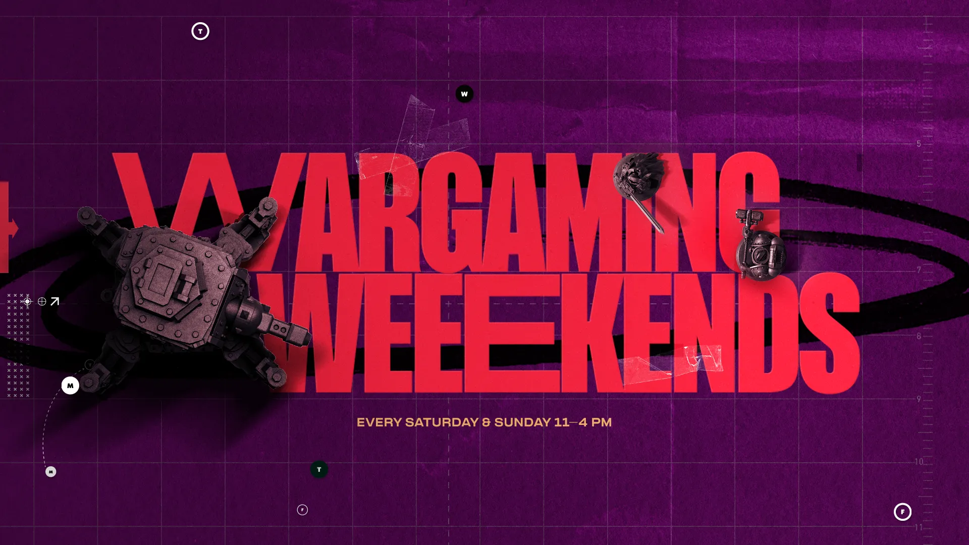 Graphic text that reads "Wargaming Weekends" on a vibrant purple background with abstract shapes.