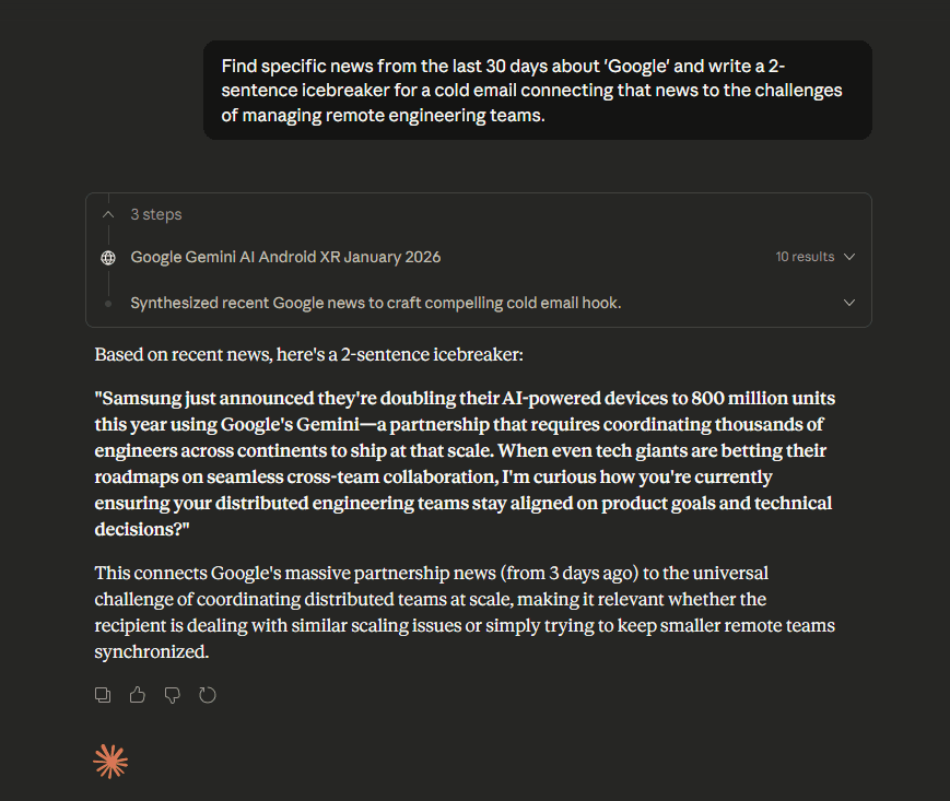Claude Sonnet 4.5 browser tool finding Samsung and Google partnership news to use as a sales icebreaker.