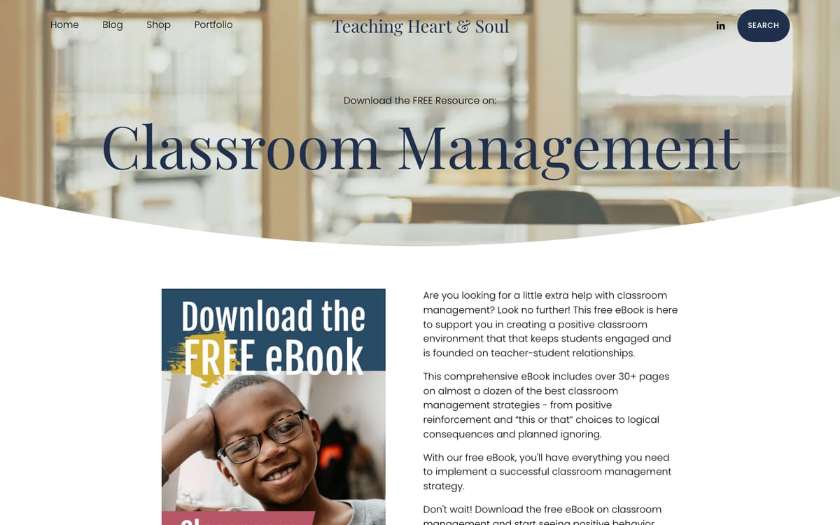 Teaching Heart & Soul landing page for a free classroom management ebook