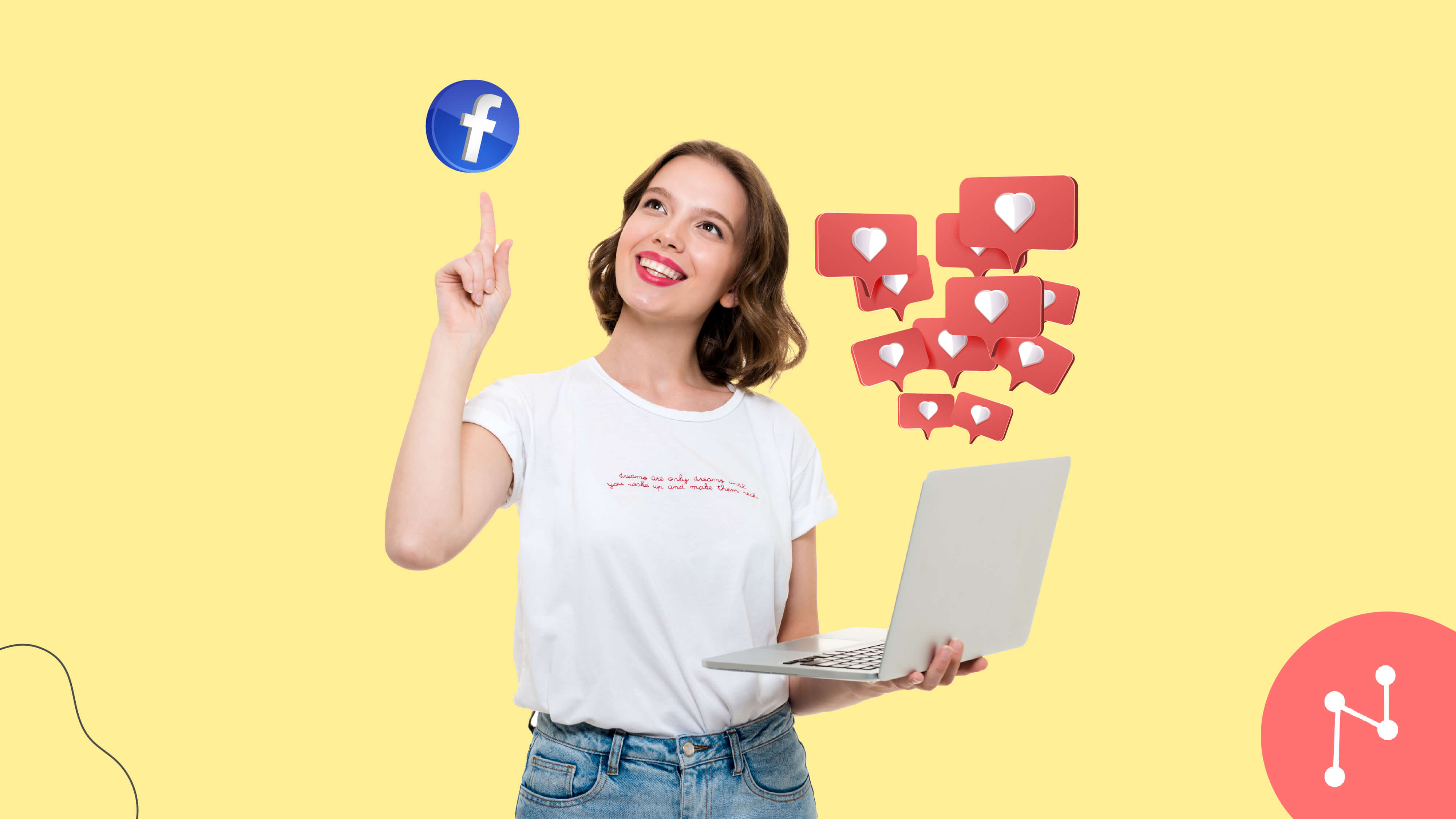 Woman in a white t-shirt pointing at Facebook logo while holding a laptop
