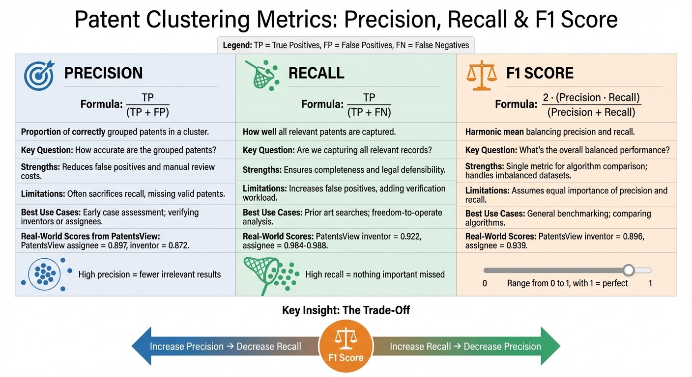 Patent Clustering Metrics: Precision vs Recall vs F1 Score Comparison