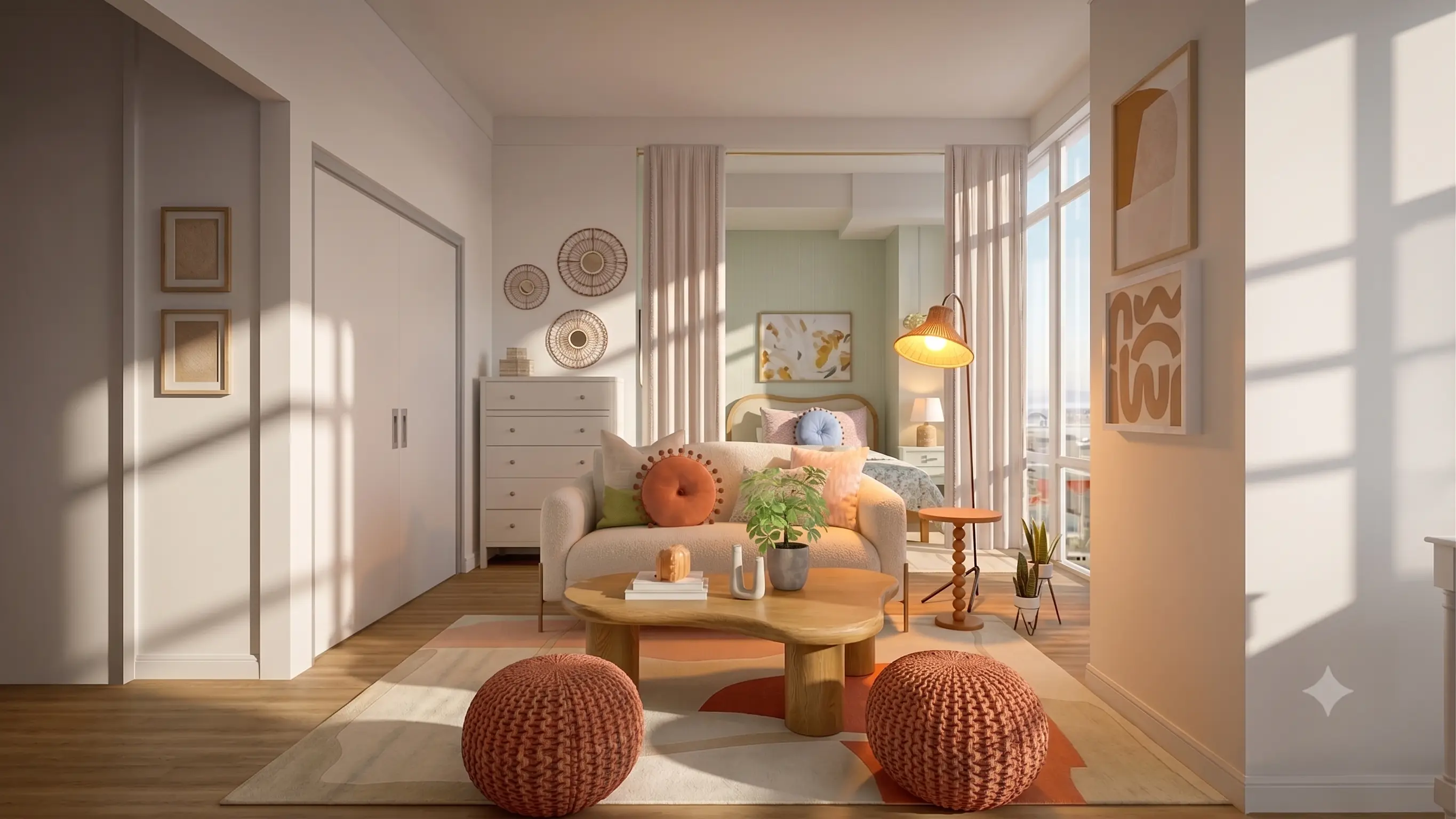 Studio living room with a white sofa, coral knit poufs, and a wood coffee table, with a curtained-off bedroom entrance behind it.