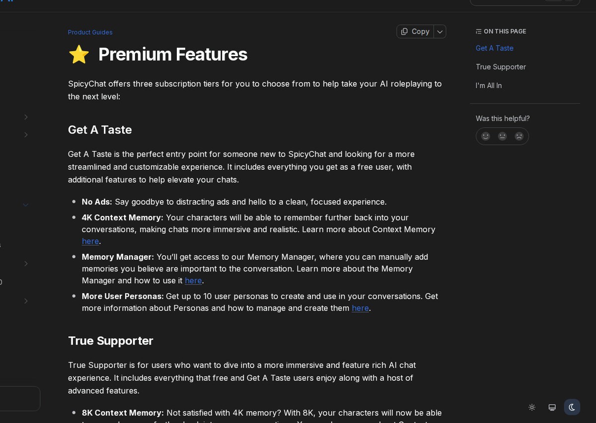 SpicyChat’s subscription tiers as shown on its public premium page, September 2026.