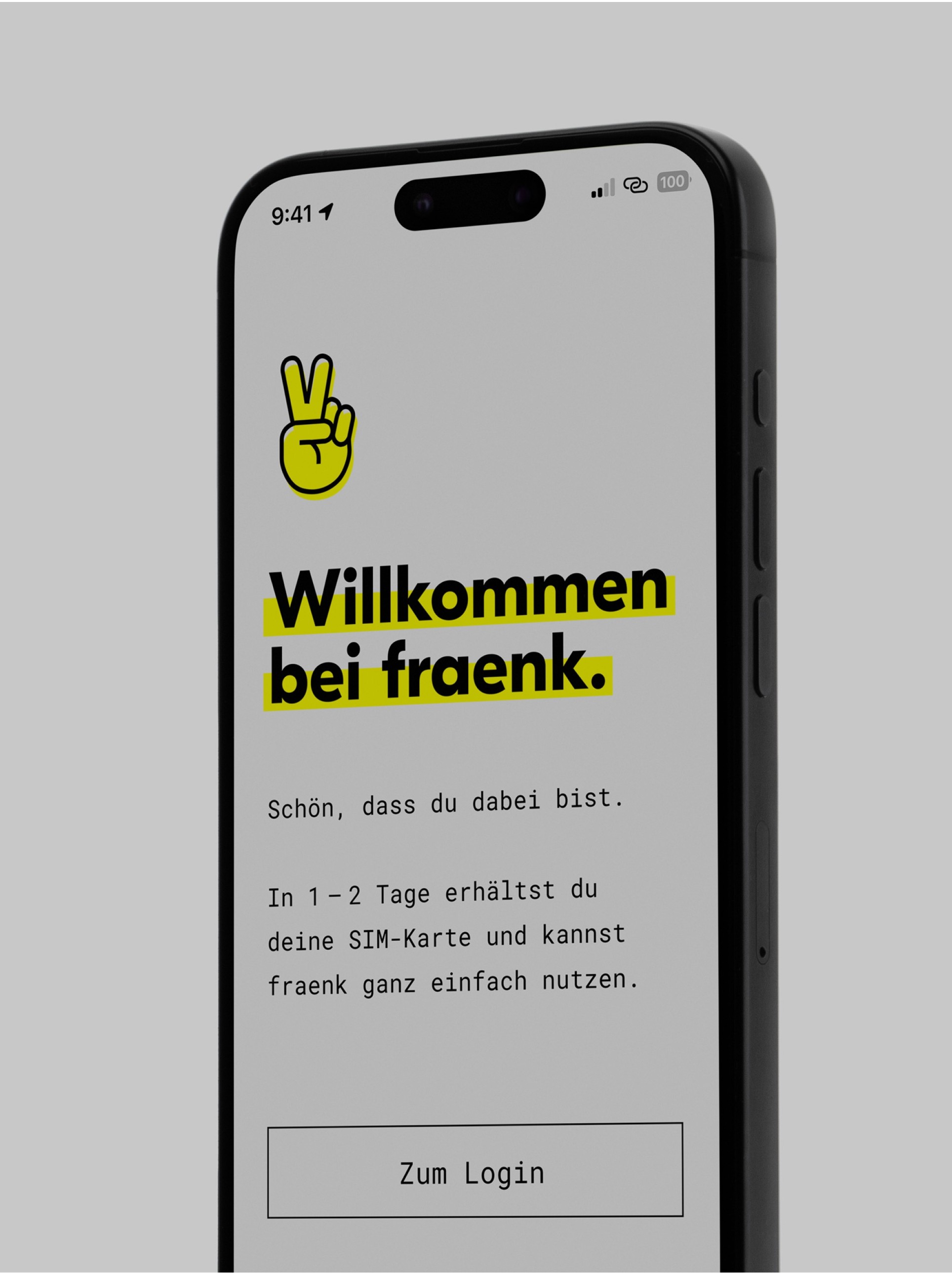 Ein Smartphone mit der geöffnetes fraenk App – zum Login.