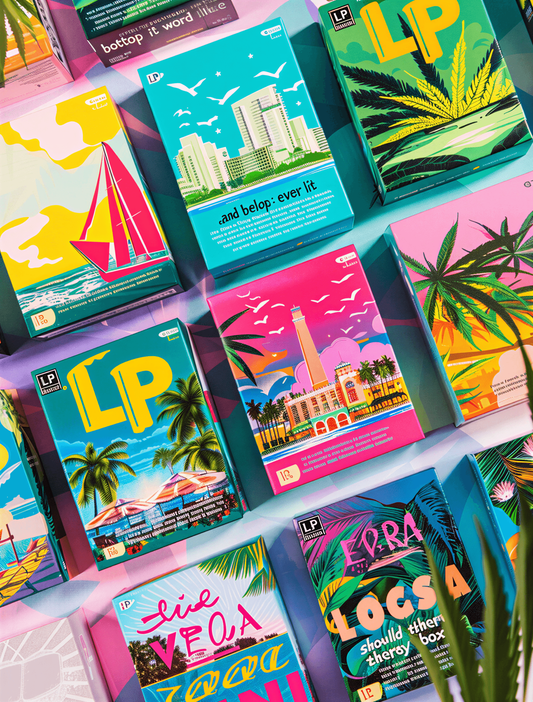 A vibrant display of colorful packaging for various products, featuring tropical and nature-themed designs.