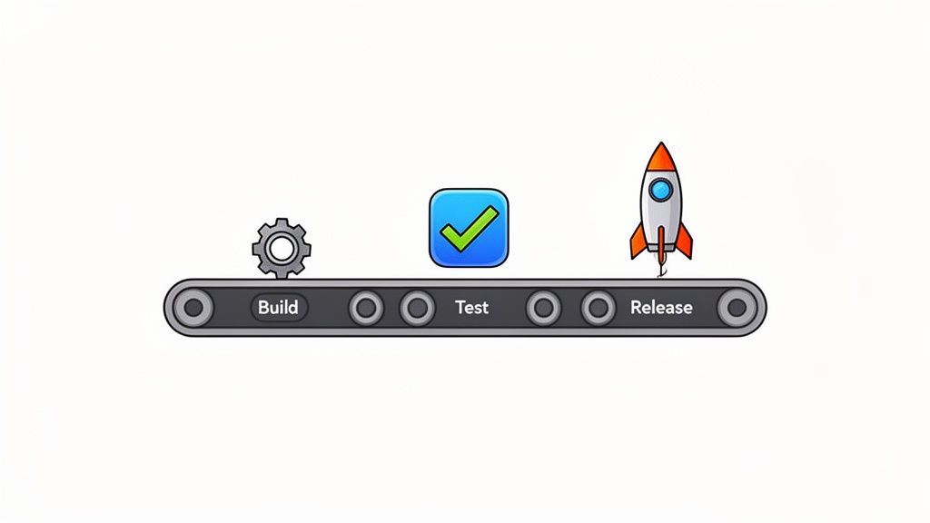 A software development pipeline illustration showing build, test, and release stages.