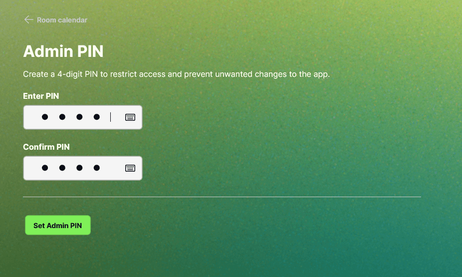 The last onboarding step to set a PIN that will be used by the IT admin to access Settings