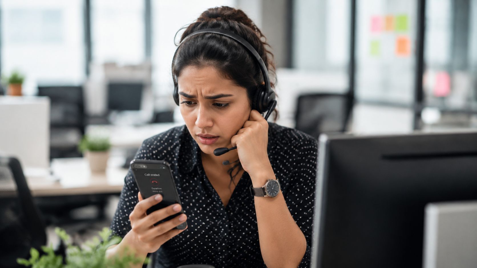 A concerned female office worker wearing a headset looks at her phone after a call has ended.