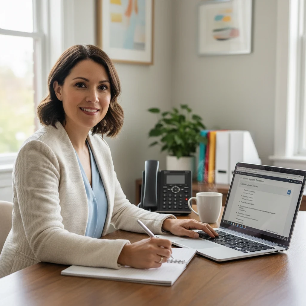 A home care agency coordinator sitting at a clean desk, reviewing a call summary on her laptop screen immediately after a phone call. A notepad and phone sit beside her. Natural window light, professional but warm office setting.