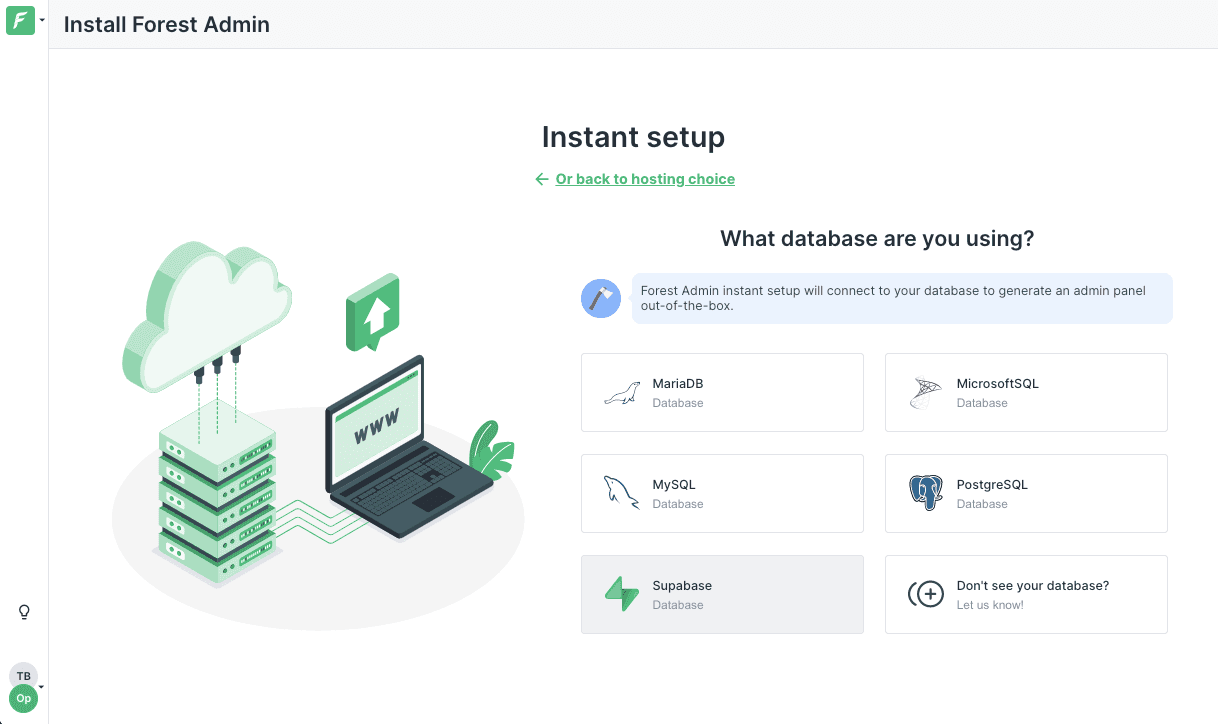 Forest Admin Instant setup database selection