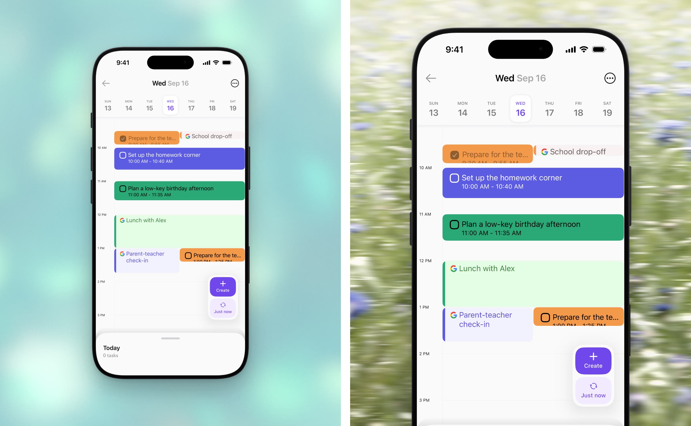 The same Ellie planner screen twice: on the left a whole iPhone showing a colorful day timeline on a soft teal background, on the right the same screen larger, with the phone rising off the bottom edge over a blurred meadow