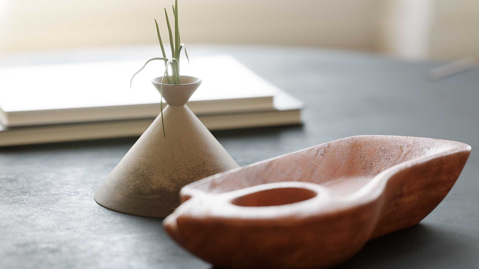 Nahaufnahme von gerenderten Deko-Objekten auf einem Couchtisch mit keramischer Vase und organischer Holzschale