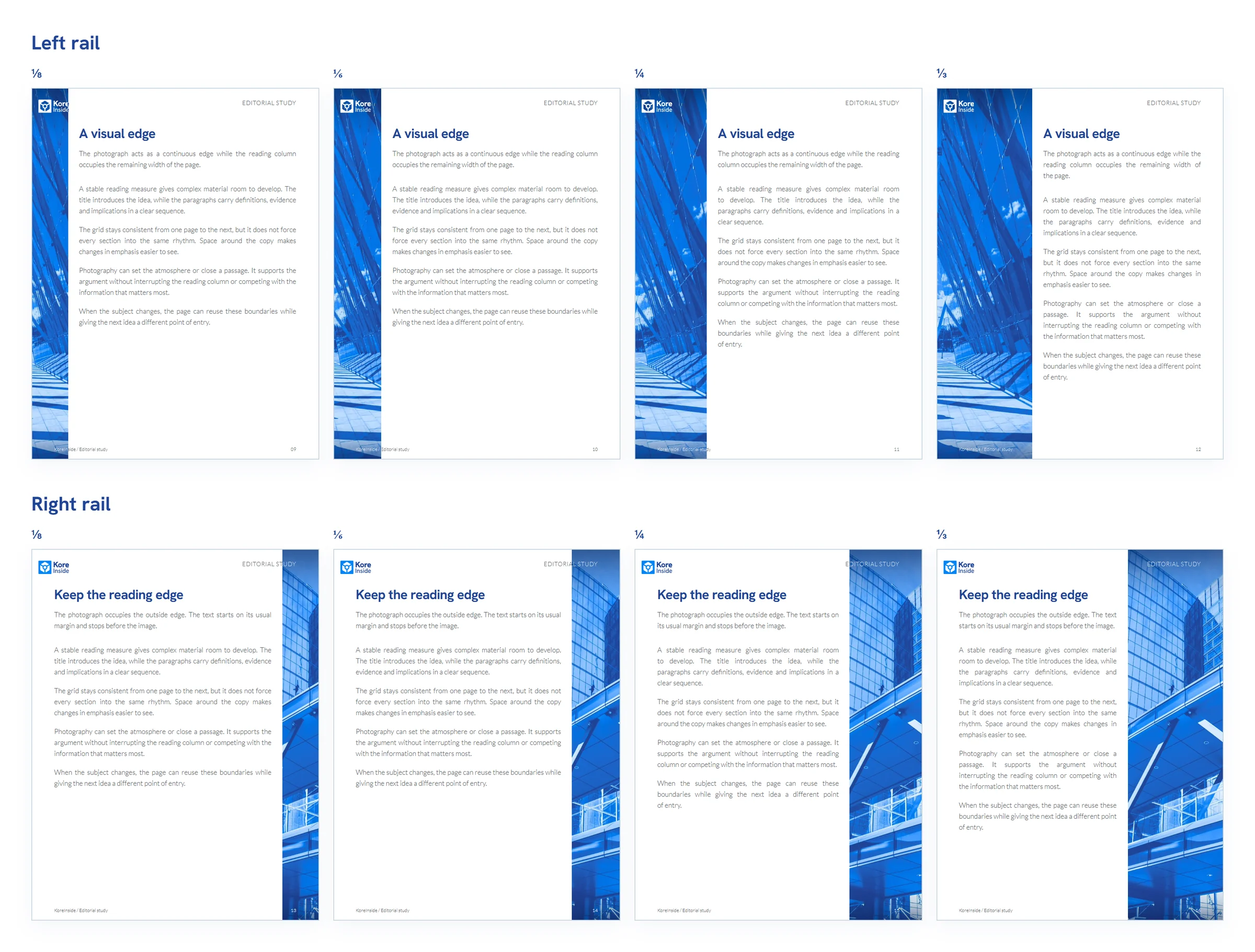 Eight KoreInside page mockups with official logos demonstrate left and right photographic rails at one-eighth, one-sixth, one-quarter and one-third of page width.