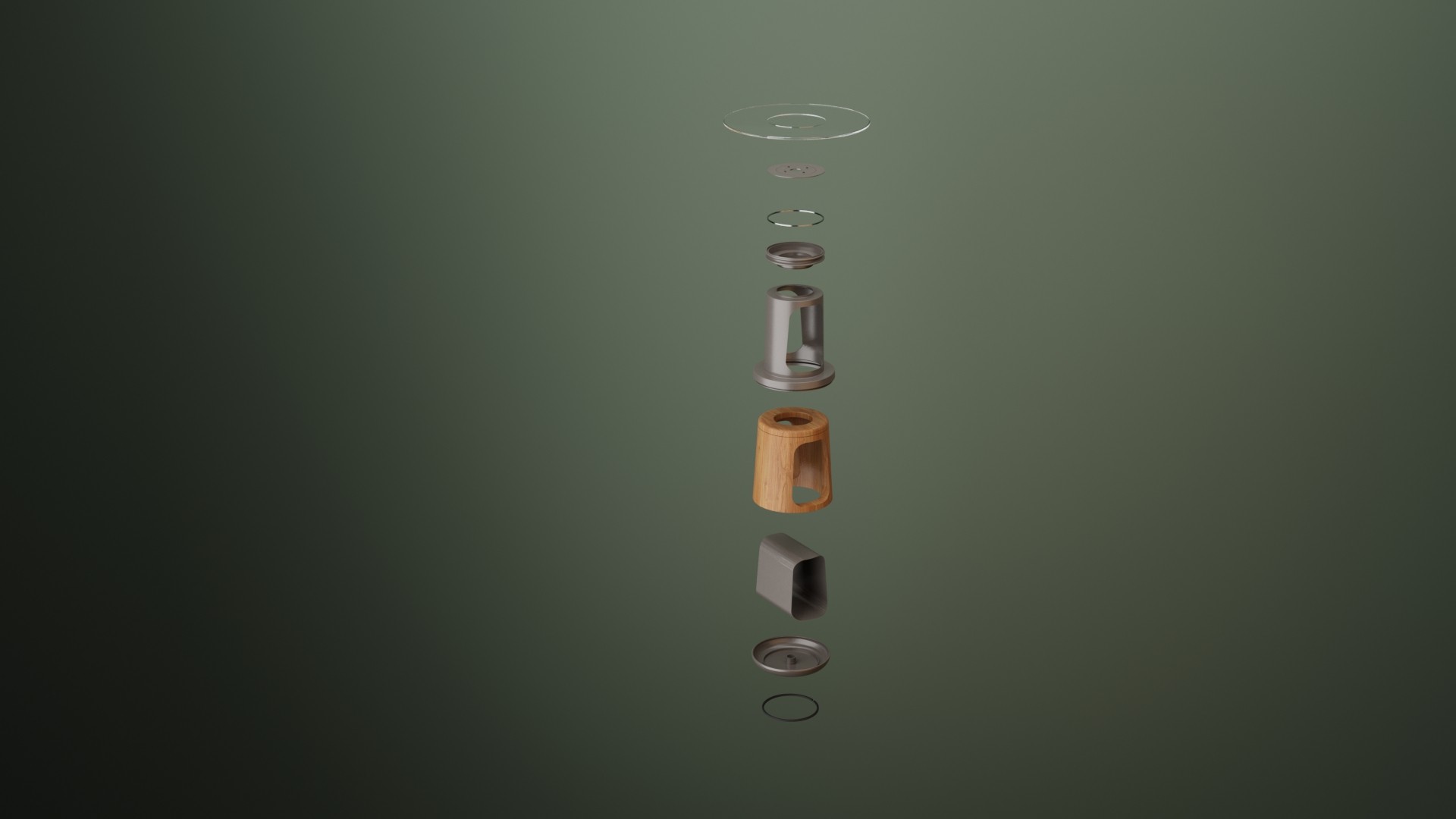 Exploded view of a modern side table design showing glass, wood, and metal components arranged in vertical alignment on a green background.