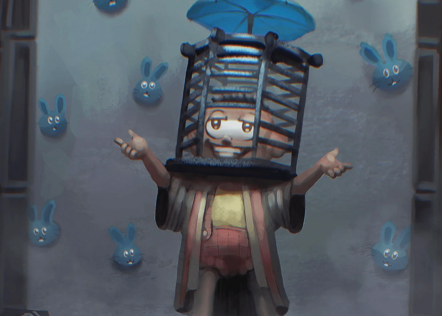 A cartoon boy in a long robe stands with his arms open and an iron cage locked over his head, while blue rabbit heads float in the fog around him.