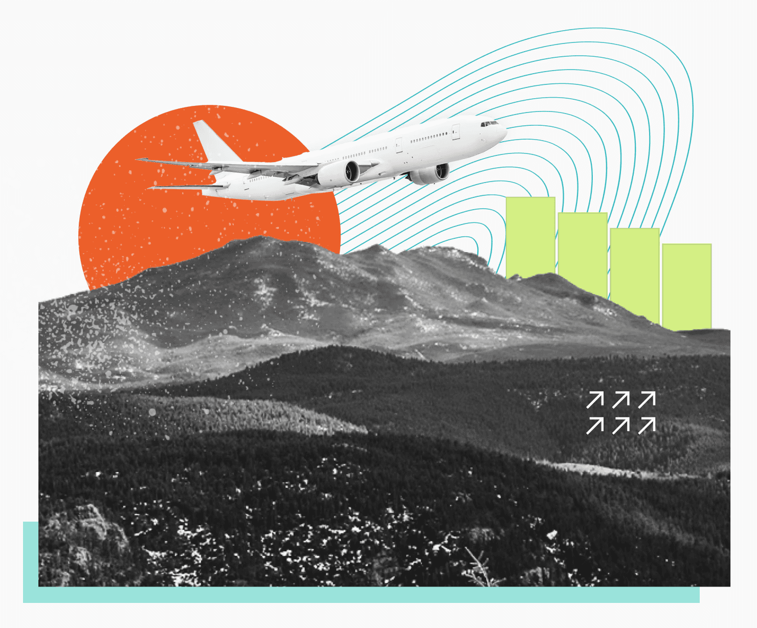 Collage-style illustration representing a plane ascending over a landscape