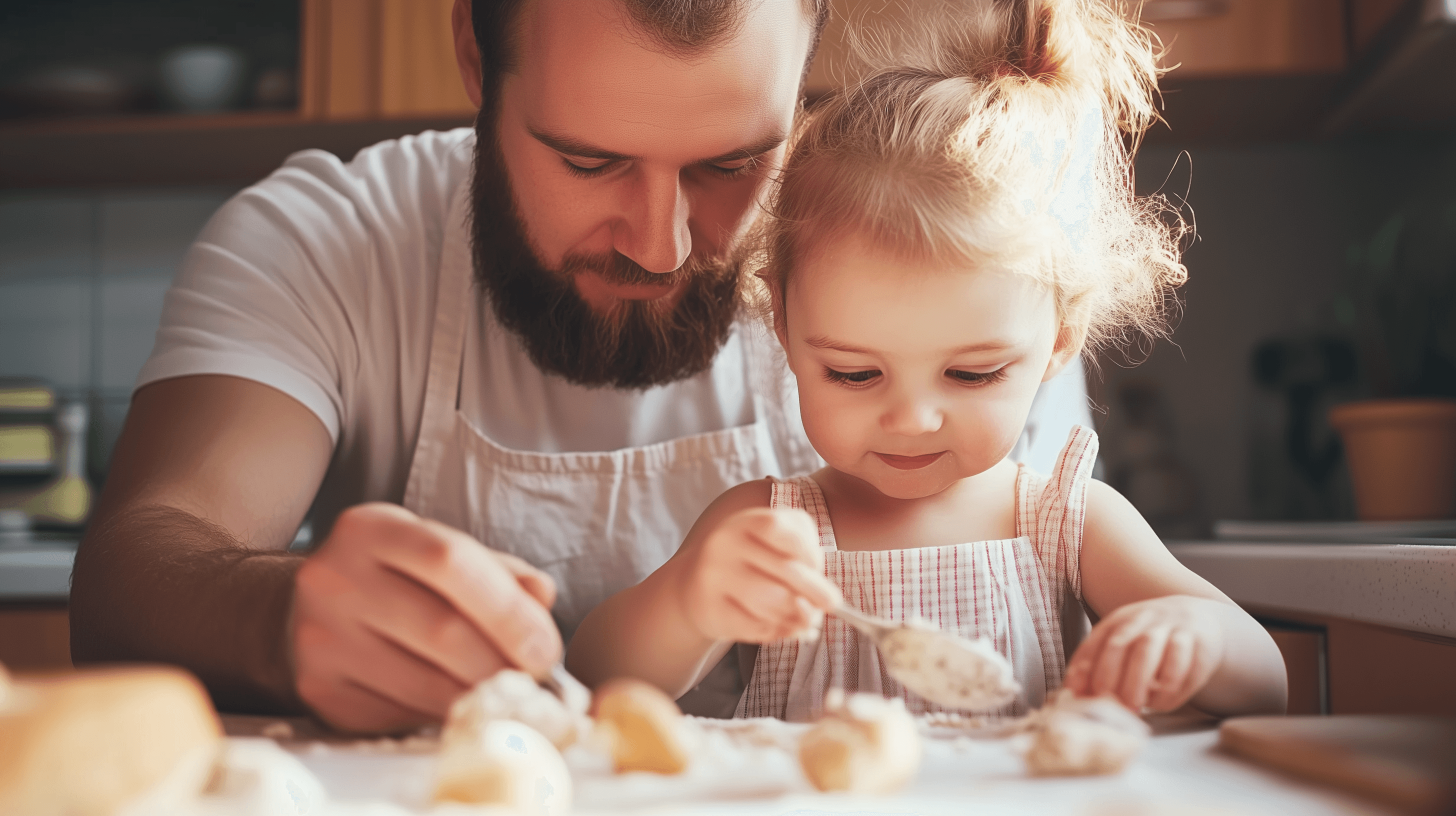 Father, child, and nanny collaborating on a homemade treat for Father’s Day